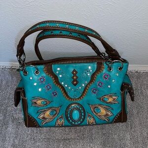 Leather turquoise embroidered and bedazzled purse